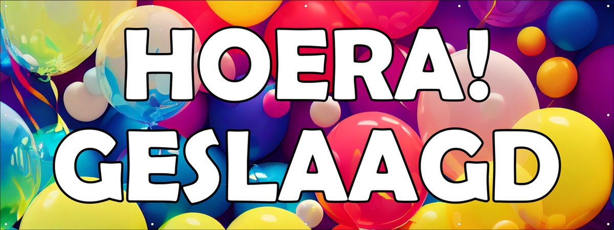 Spandoek | Vlag | Hoera Geslaagd! | 150 x 50 cm | Geslaagd versiering | Rijbewijs | Eindexamen | Diploma | Thuisstudie | Ballonnen